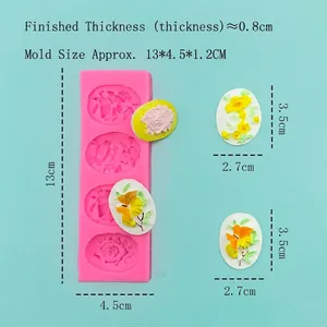 Pink silicone flower relief mold for resin and clay crafts with detailed dimensions