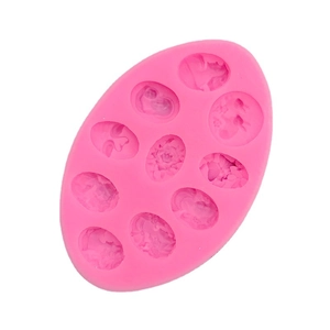 Pink silicone mold with ten cameo-style classic female portraits for cake decoration