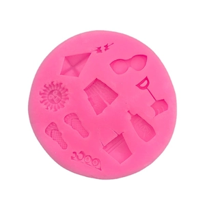 Pink silicone mold featuring summer beach icons like sunglasses and sandals for cake decor