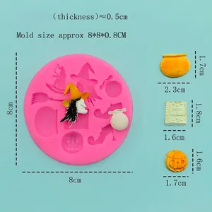 Pink Halloween silicone mold with witch and pumpkin designs including product dimensions