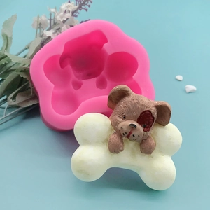 DIY silicone mold for 3D puppy on a bone, pink paw shape base for resin and clay crafts