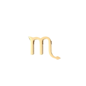 Polished gold Scorpio zodiac pendant with letter m and scorpion tail design on white background