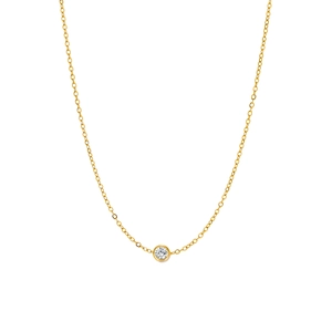 Minimalist gold necklace featuring a round bezel-set zircon pendant on a fine O-chain