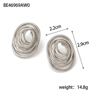Modern silver oval spiral stud earrings with layered matte finish lines for women
