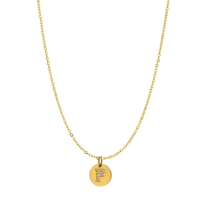 Close-up of a 14K gold-plated round pendant with a sparkling diamond-set letter P detail