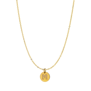 Close-up of golden 14K round pendant with micro-paved diamond letter M on a chain