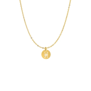 Detailed shot of golden Pisces zodiac coin pendant on a delicate O-link chain necklace