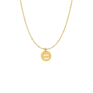 Macro detail of a golden stainless steel round pendant with hollow Aquarius zodiac symbol