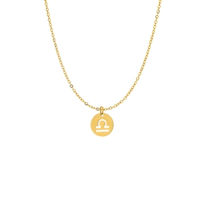 Detail of gold Libra zodiac pendant with hollow round coin design and O-chain texture