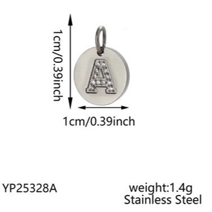 14K gold plated stainless steel round pendant with letter A and crystal diamonds
