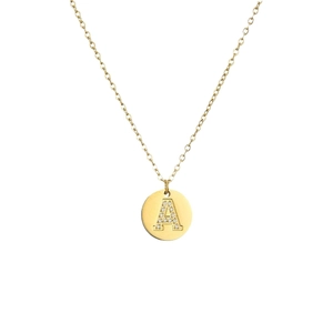 Minimalist 14K gold-plated necklace featuring a round pendant with rhinestone letter A