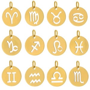 Set of 12 hollowed-out golden zodiac coin pendants in stainless steel for jewelry making