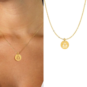 Golden Libra zodiac cutout round pendant necklace in stainless steel with cross chain