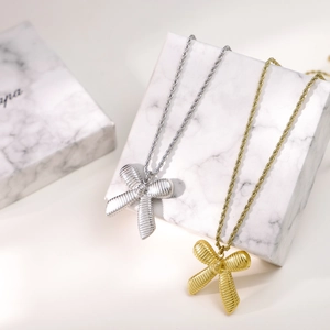 Titanium steel bow pendant necklace in gold and silver finish with twisted rope chain