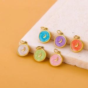 Stainless Steel Enamel Moon Star Round Pendant For DIY Jewelry Making Korean Fashion Necklace Earring Making Accessories