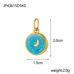 Detailed view of gold circular star moon pendant with dimensions 2.0cm by 1.3cm