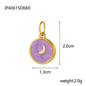 Detailed dimension view of a 2.0cm purple enamel star moon pendant with gold trim