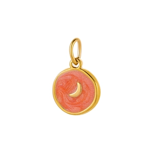 Golden stainless steel round pendant with orange enamel moon and stars design