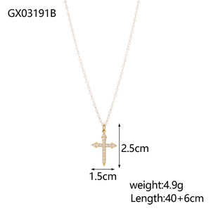 Collar de perlas estilo francés con colgante de cruz dorada y cadena ajustable