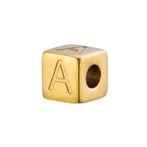 14K gold plated titanium steel cube bead featuring engraved letter A for DIY jewelry