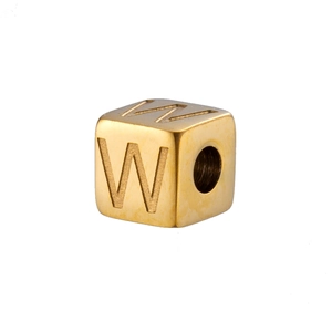 DIY 14K gold plated titanium steel cube bead with engraved letter W for jewelry making