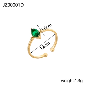 Detailed view of gold ring with emerald zircon, including 1.0cm stone and 1.8cm size metrics
