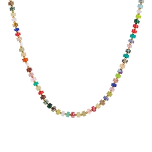 Colorful bohemian beaded necklace with vibrant square beads and golden spacers for women