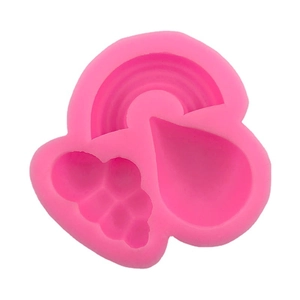 Pink silicone mold featuring rainbow, raindrop, and cloud shapes for DIY baking and crafts