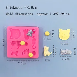 Pink silicone cat and yarn ball mold with various cat shapes and dimension markings