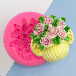 3D Rose Flower Basket Silicone Mold Pink Floral Relief Cake Fondant Baking Tool For Handmade Soap Resin Candle DIY Craft Decor