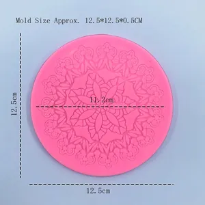 Pink round mandala lace silicone mold for cake fondant and DIY crafts, 12.5cm diameter