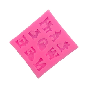 Pink Halloween silicone mold for cake decor featuring pumpkin, hat, and bat letter shapes