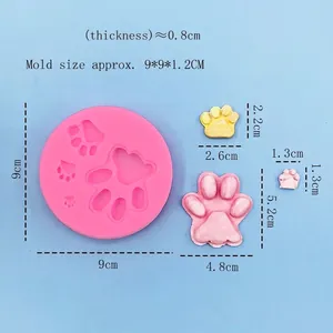DIY silicone mold for dog paw prints showing pink mold and 3D resin samples with dimensions