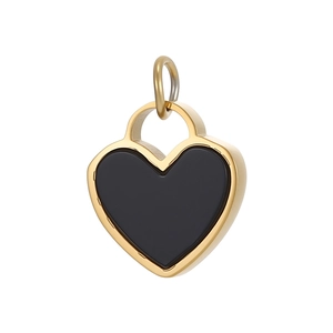 Fashionable 3D heart pendant with gold metallic frame and black inlay on white background