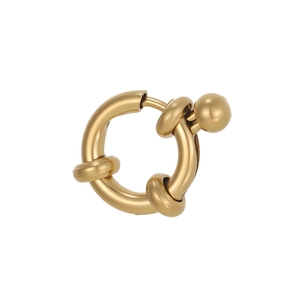 Detail of matte gold earring featuring a circular loop with small ring clasps and metal ball