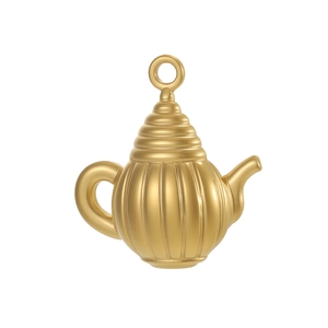 Detailed macro view of vintage teapot charm in matte gold finish with vertical stripe texture