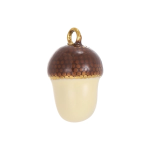 Detailed view of an acorn pendant with brown textured cap and creamy white enamel finish