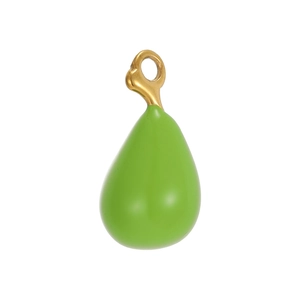 Detailed view of teardrop pendant with bright green enamel and gold plated metal loop