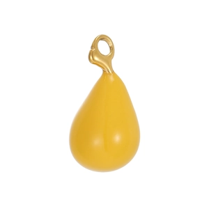 Macro detail of yellow water drop pendant with 18K gold ring and smooth enamel finish
