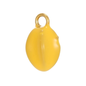 Close-up of bright yellow lemon fruit pendant with polished 18K gold metal loop