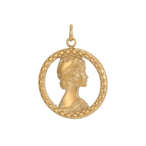 Vintage golden stainless steel round medallion pendant with embossed portrait and beaded edge