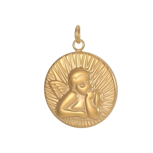 Detailed macro view of a gold-finished circular angel pendant with radiant textured relief