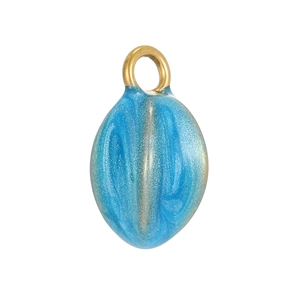 Close-up of oval pearlescent sky blue pendant with gold ring for DIY jewelry making