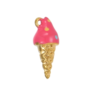 Close-up of a 3D enamel ice cream cone charm with pink glaze and waffle texture details