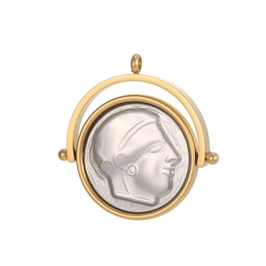 Detail of a vintage-style rotating pendant with a white embossed classical portrait