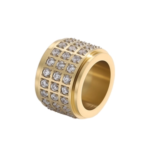 Luxurious gold stainless steel wide band ring with four rows of inlaid white zircons
