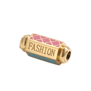 Golden hexagonal stainless steel bead with FASHION engraving and colorful enamel inlay