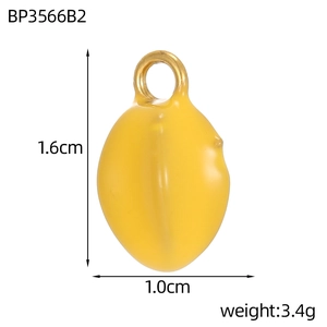 Detail view of yellow lemon pendant with dimensions 1.6cm x 1.0cm and 3.4g weight