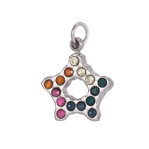 Macro view of star-shaped stainless steel pendant with multi-color rhinestones