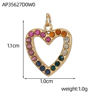 Detail of hollow heart pendant with multicolor rhinestones and size measurements